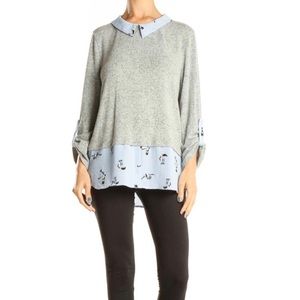 Monteau Gray & Blue Crane Print Twofer Sweater